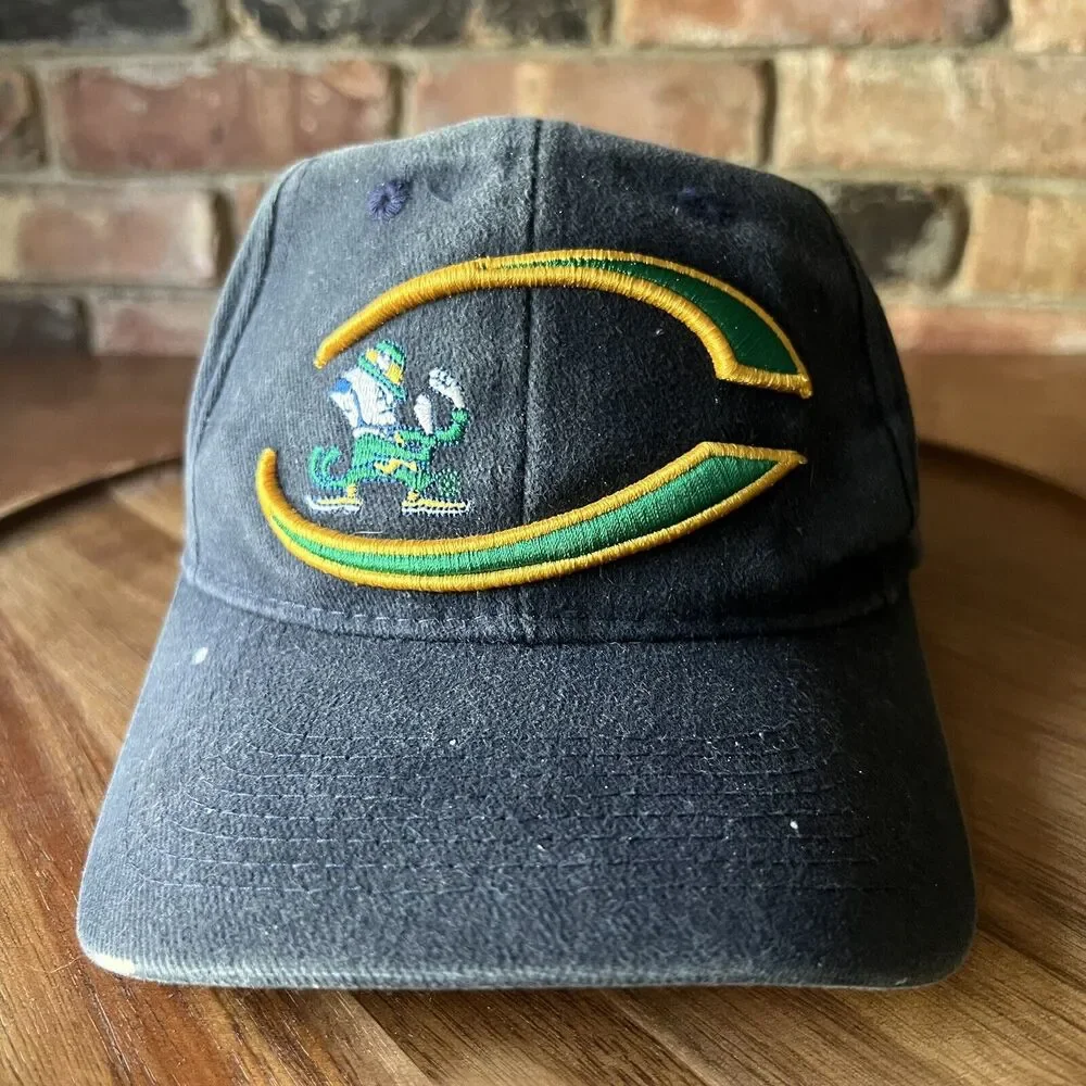 VINTAGE Thrashed Notre Dame Fighting Irish Hat Cap Strap Back Adult Blue